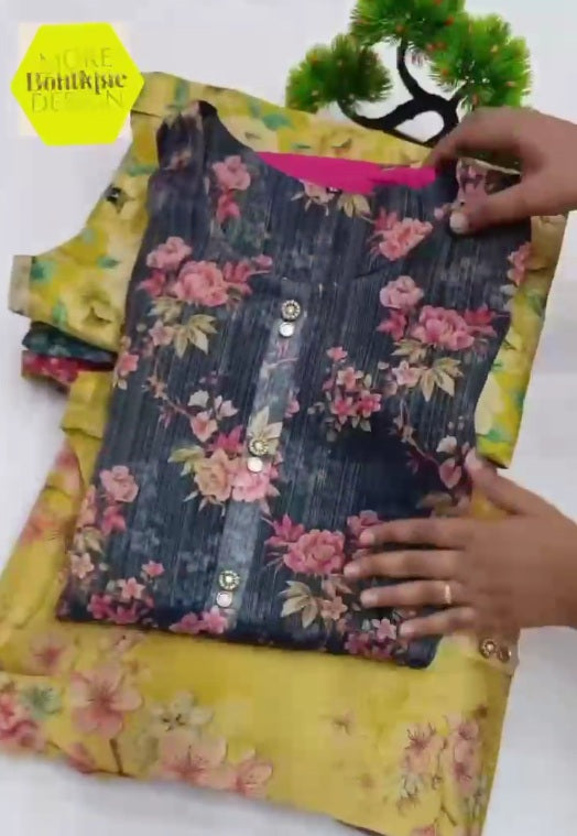 Women Floral Print Cotton Silk Kurta Set (Multicolor)
