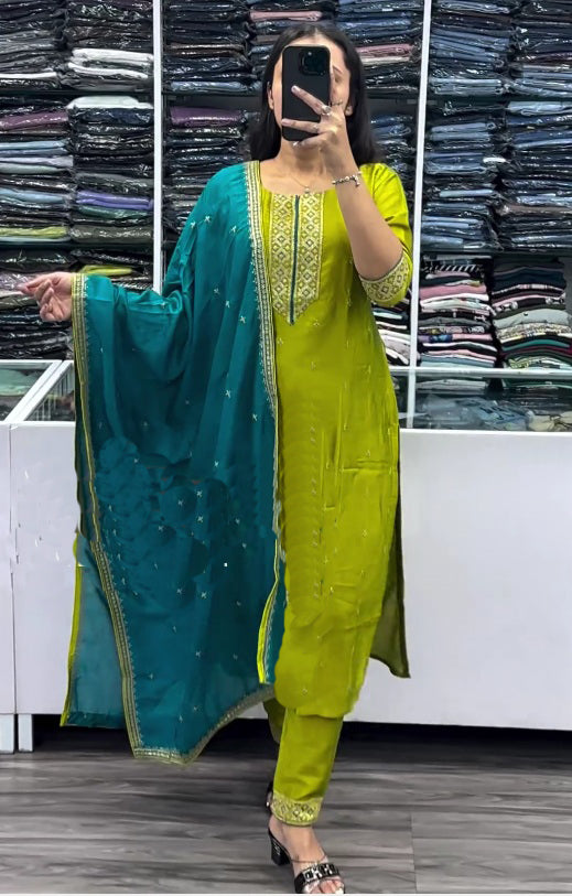 MEHENDI GREEN  ZARI WORK STRAIGHT CUT SALWAR SUIT