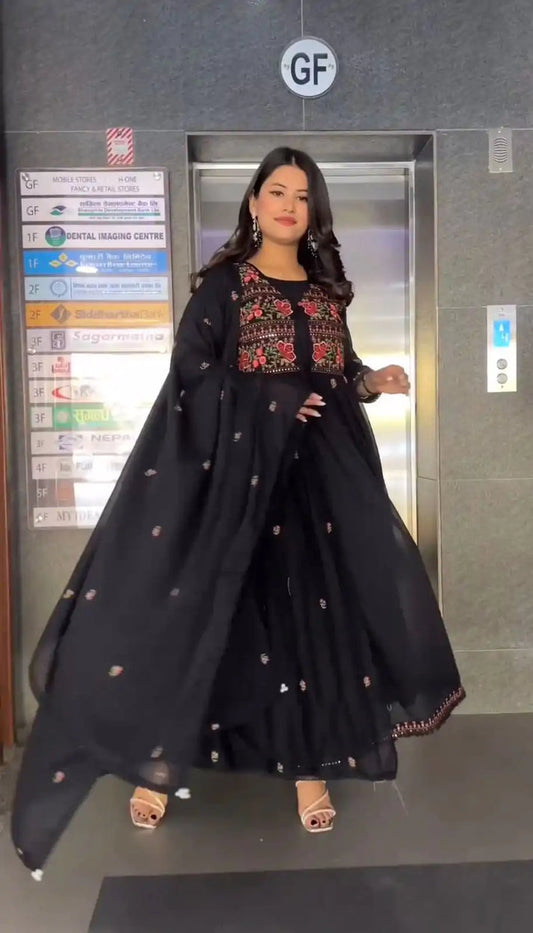 Black Colour Faux Georgette Thread Work Gown With Shrug