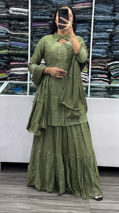 OLIVE GREEN PARTY WEAR SHARAAH SUIT