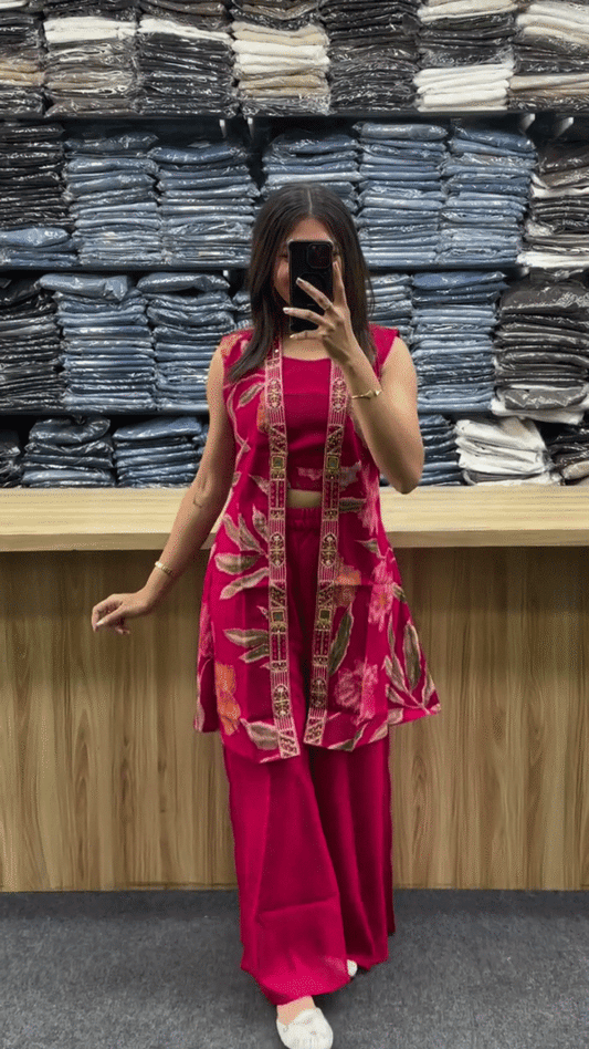 Hot Pink Printed Indo-Fusion Co-Ord Set with Jacket