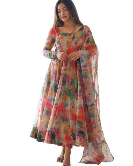 Women's Georgette Floral Printed Fit and Flare Anarkali Kurta with Dupatta