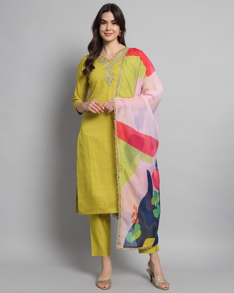 Women Light Green Colour Embroidered Straight Kurta Set