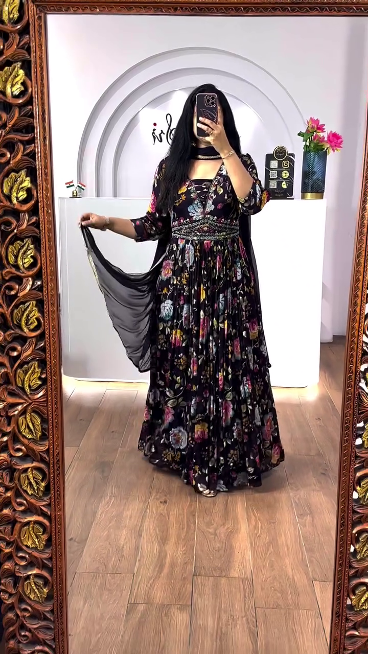 Grey Floral Print Anarkali Kurta with Dupatta