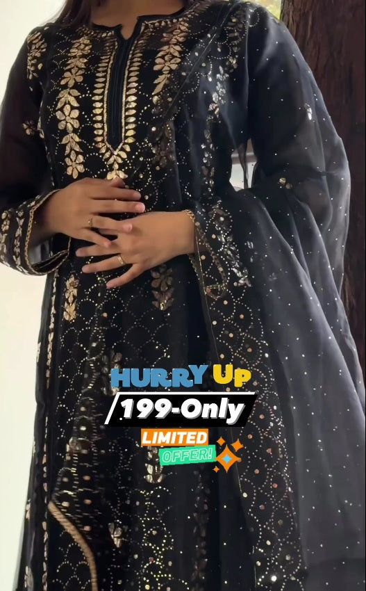 Women Black Colour organza Suit embroidery done applique work with Organza dupatta.