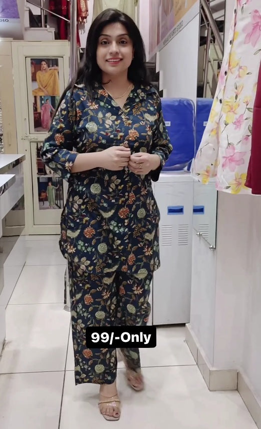 Blue Color Printed Women Pure Cotton Kurti & Pyjama Night Suit