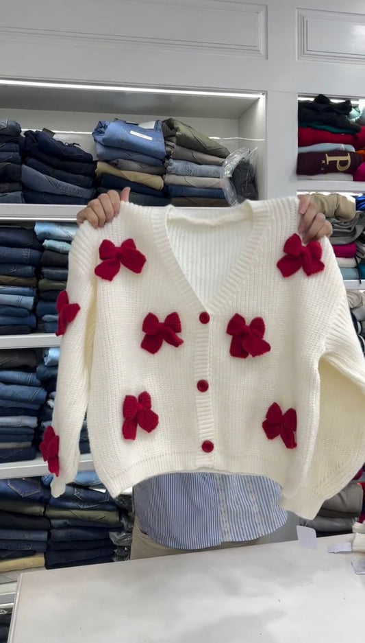 Women's Cute Bow Cardigan Sweater Long Sleeve V Neck Button Down Pullover Top