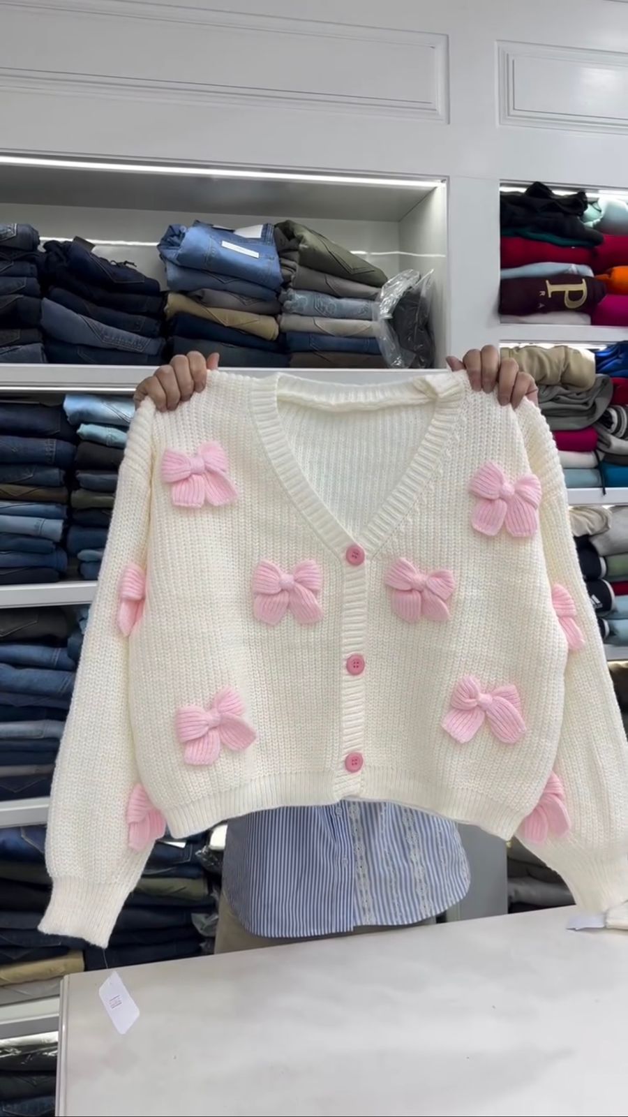 Women's Cute Bow Cardigan Sweater Long Sleeve V Neck Button Down Pullover Top