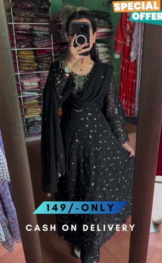 Women Black Colour Embroidered Straight Kurta Set