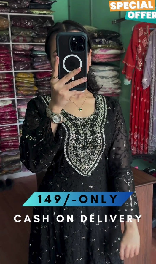 Women Black Colour Embroidered Straight Kurta Set