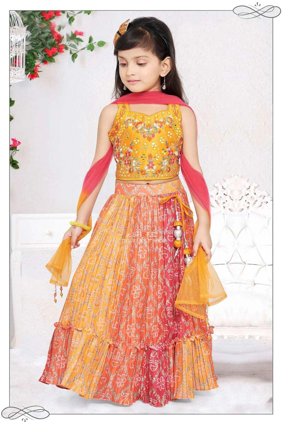 Orange And Green Plazzo Suit For Kids On Sale