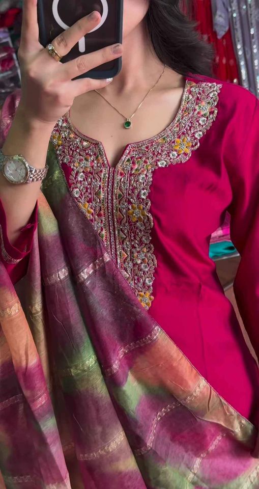 Women Magenta & Gold-Toned Embroidered Kurta with Trousers & Dupatta