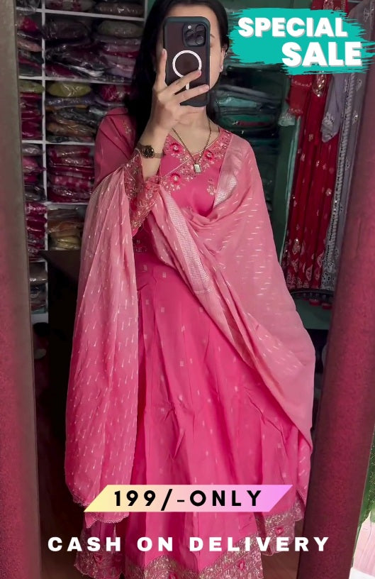 Women Pink & White Ethnic Motifs Embroidered Kurta & With Dupatta