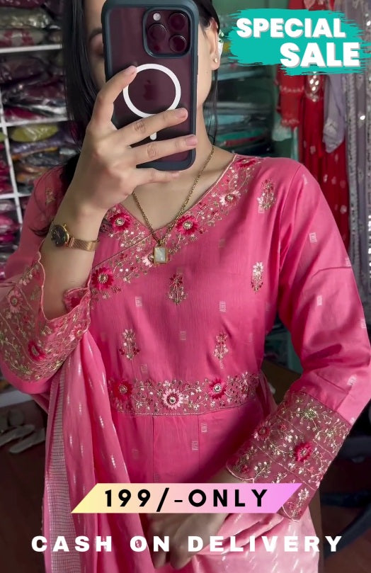 Women Pink & White Ethnic Motifs Embroidered Kurta & With Dupatta