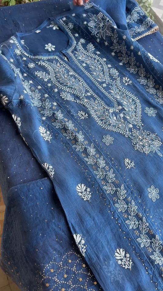 ORGANZA CHIKANKARI APPLIQUE KURTA SET PRUSSIAN BLUE COLOUR