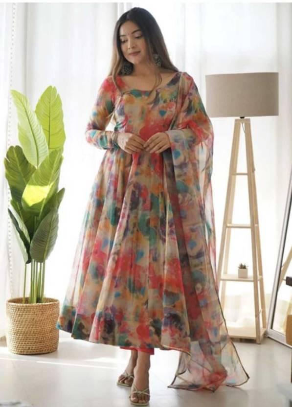 Women's Georgette Floral Printed Fit and Flare Anarkali Kurta with Dupatta