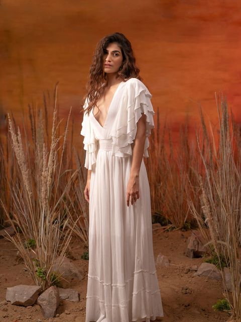 White V-Neck Ruffled Sleeve Maxi Dress