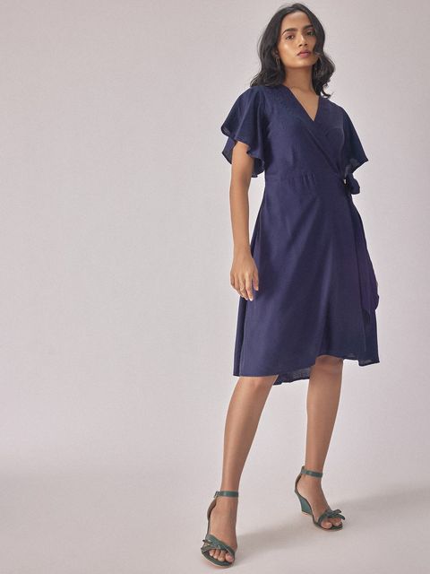 Navy Blue V-Neck Wrap Dress